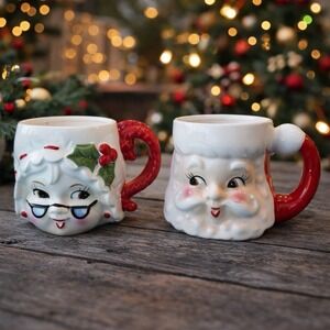 Vintage Christmas Lefton Mrs Claus & Santa Face Eyes Open Mug Cup Set Japan